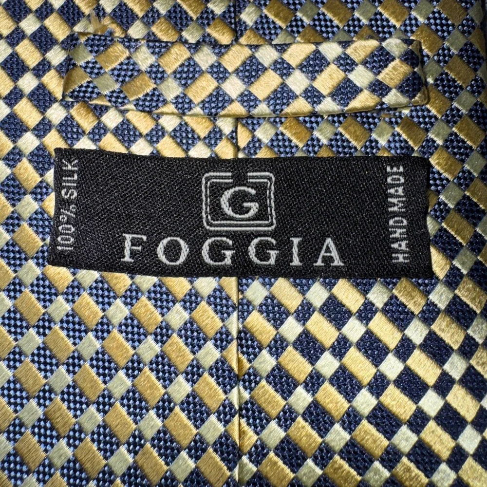 Foggia Mens Silk Tie Navy Gold Yellow Geometric Checkerboard Handmade Necktie